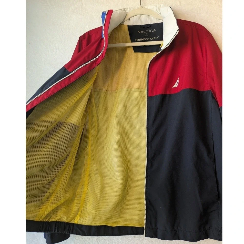 Nautica Men's Rain Jacket Small‎ Red Blue Colorblock Waterproof Windbreaker